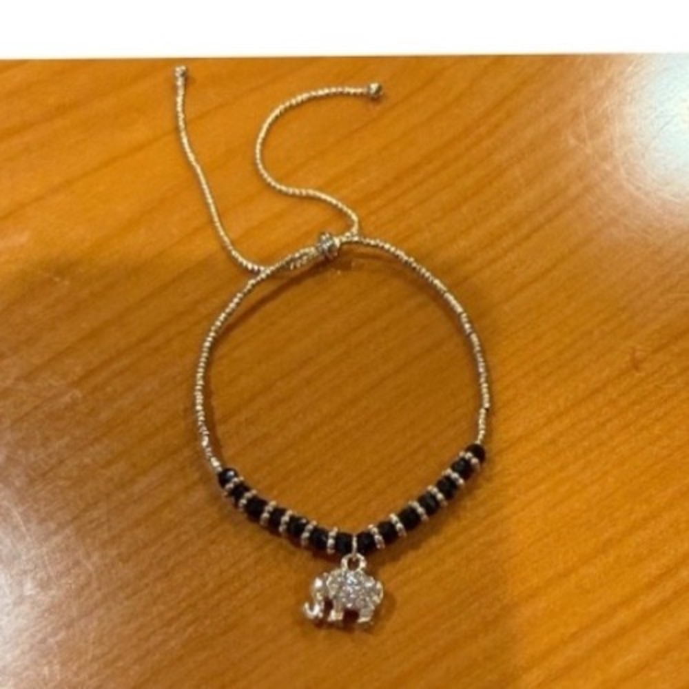Elephant Charm Bracelet Black Beads Gold Tone Adjustable Boho‎ Chic